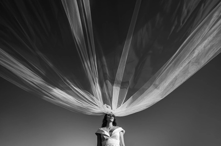 Bride beneath a veil spreading like wings across a monochrome sky