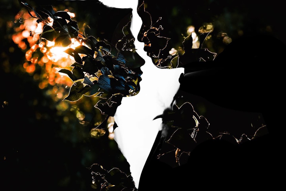 Close silhouettes of two faces layered with flowers and warm light