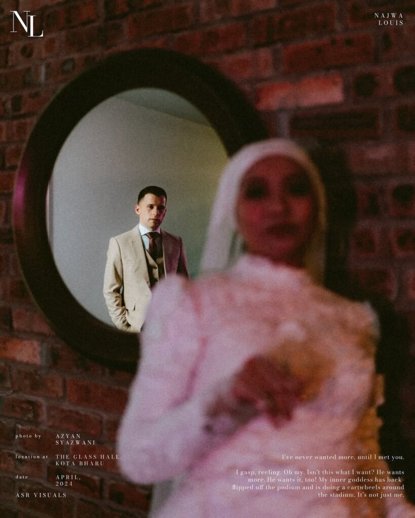 Portrait with a bride in the foreground and a groom framed by a circular mirror