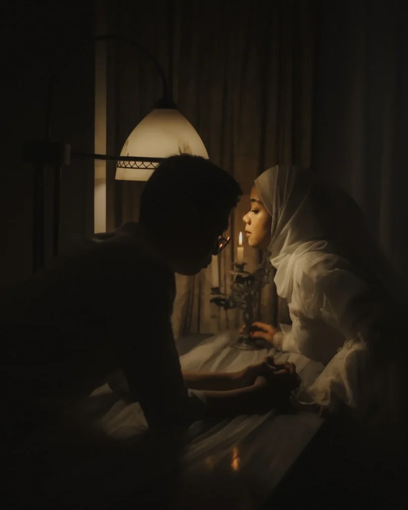 Couple leaning towards each other beside a warm table lamp